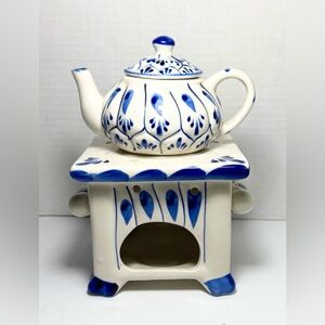 Vintage Chinese Mini Kitchen Teapot Essential Oil Burner Porcelain White Blue